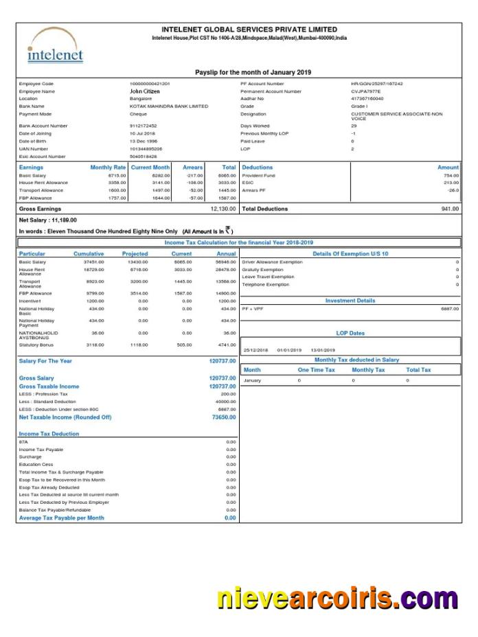 India INTELENET Global Services Limited payslip